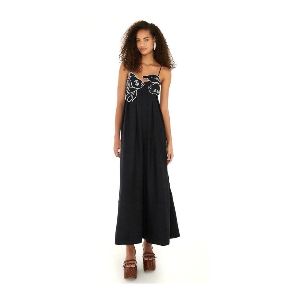 FARM Rio Fish Top Maxi Dress Black Resort Boho Chic Linen Art Deco Dress NWT XXS - Picture 2 of 15